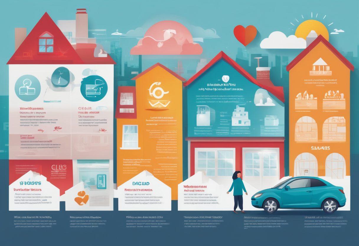 A visually engaging infographic depicting diverse insurance policies represented by icons like home, health, auto, and life insurance, all connected by a web of protective shields symbolizing risk management. Include a background of a calm cityscape to signify stability and security, with an overlay of essential tips highlighted in bold, friendly fonts. The color scheme should be bright and inviting to enhance readability and appeal. vector art. vibrant colors. clean layout.