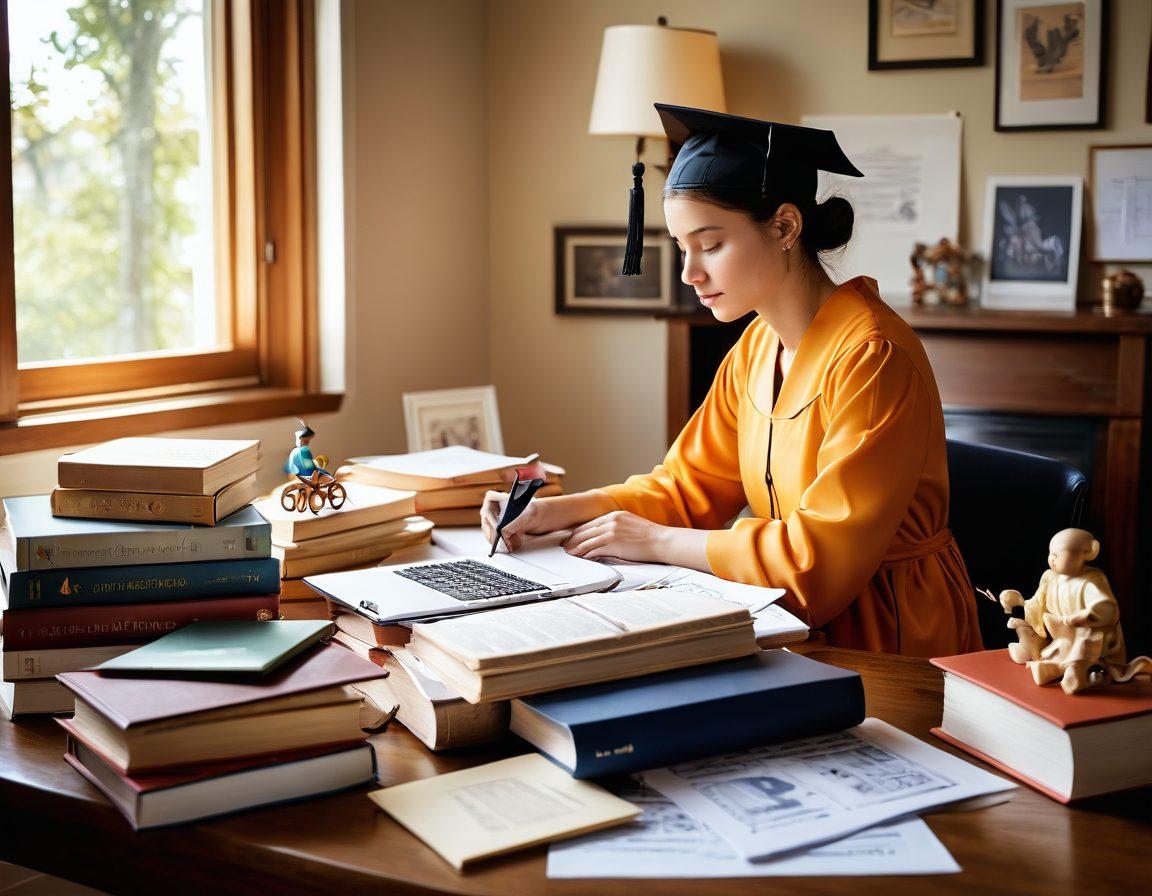 A thoughtful person sitting at a desk surrounded by various life stages' symbols: a baby carriage, a graduation cap, a house, and a briefcase. They are analyzing documents on insurance policies with a laptop open, showing graphs of policy benefits. Soft light illuminating the scene, conveying a sense of wisdom and planning. detailed illustration. vibrant colors.