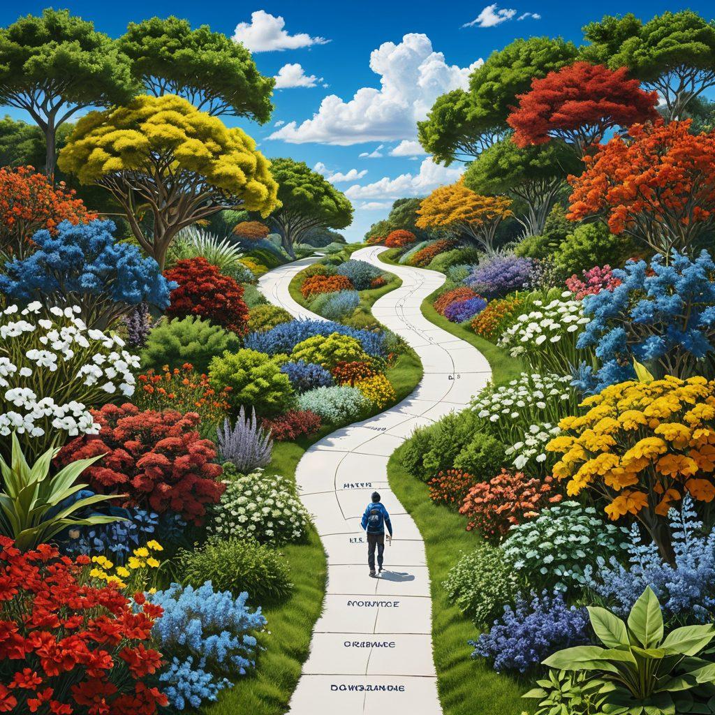 A person navigating a winding path through a lush landscape filled with symbolic representations of risk management like shields, locks, and safety nets, with a clear blue sky above and guiding signs indicating 'Coverage' and 'Protection'. The scene should evoke a sense of journey and assurance, accompanied by diverse flora symbolizing security. super-realistic. vibrant colors. 3D.